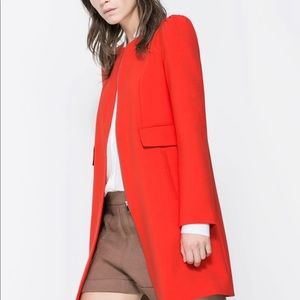 Zara collarless coat in red